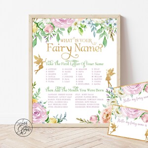 Editable Fairy Name Sign with Name Tags Set, Printable What Is Your Fairy Name, Fairy Birthday Party Game, Fairy Baby Shower Printables image 1