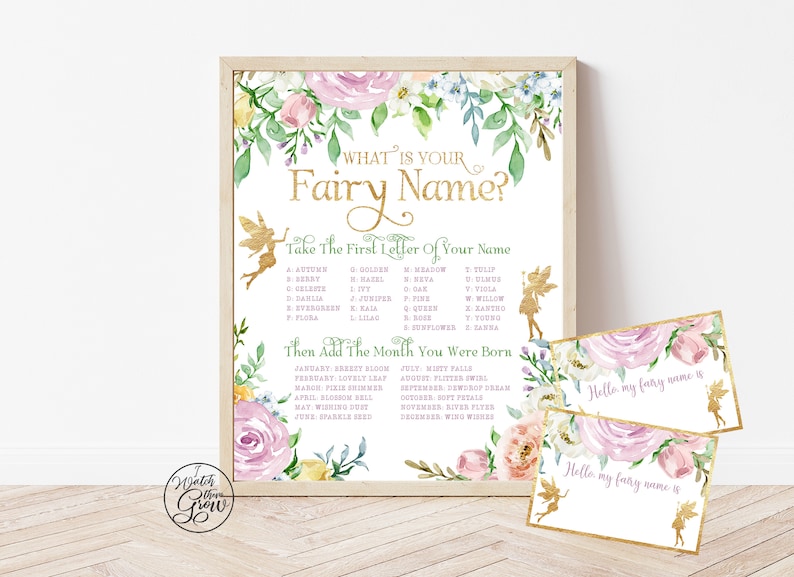May include: A printable fairy name generator with a floral design. The instructions are to take the first letter of your name and then add the month you were born.  The printable includes a list of fairy names for each letter and a list of fairy names for each month.
