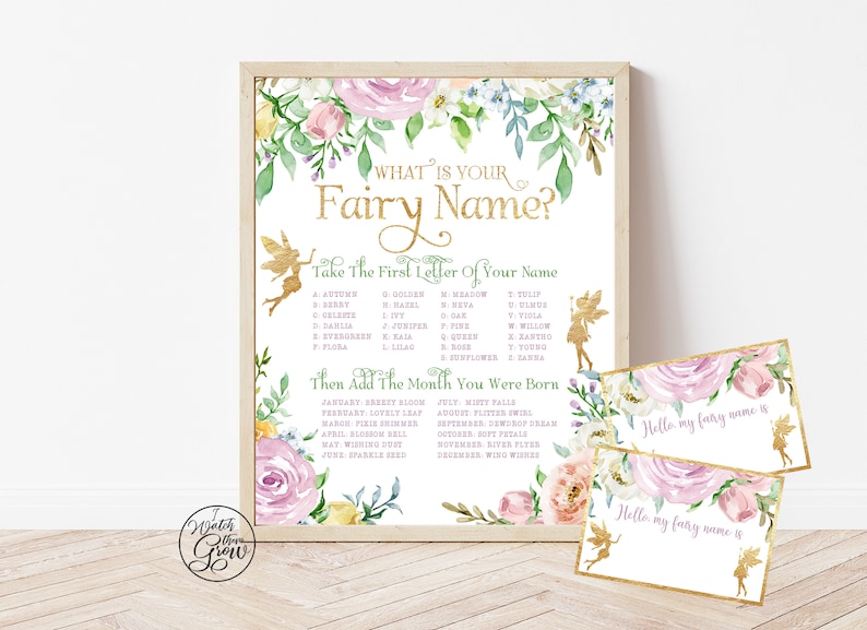 Editable Fairy Name Sign with Name Tags Set, Printable What Is Your Fairy Name, Fairy Birthday Party Game, Fairy Baby Shower Printables image 1