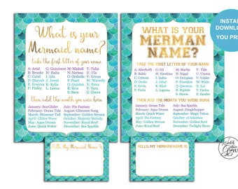 Mermaid & Merman Name Party Game, Printable Mermaid Name Sign, Merman Name, Mermaid Birthday Party, Baby Shower Activity INSTANT DOWNLOAD