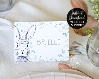 Floral Bunny Tent Cards, Editable Printable Bunny Party Decor, Bunny Party Food Labels and Place Cards PDF INSTANT DOWNLOAD