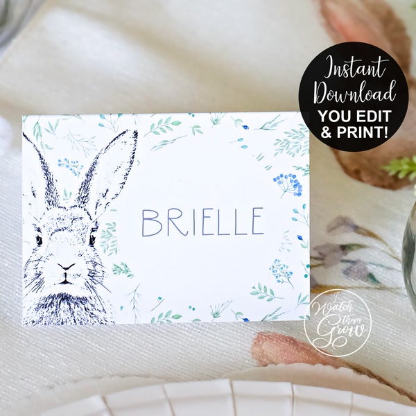 Floral Bunny Tent Cards, Editable Printable Bunny Party Decor, Bunny Party Food Labels and Place Cards PDF INSTANT DOWNLOAD