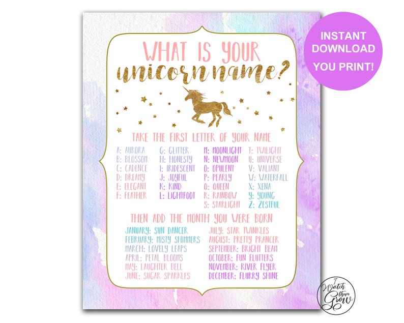 Unicorn Name Game, Unicorn Party Game, Printable What's Your Unicorn Name Birthday Party Poster, 8x10 PDF INSTANT DOWNLOAD image 1