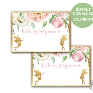 Könnte beinhalten: Zwei druckbare Karten mit einem Blumendesign mit rosa und weißen Blumen. Die Karten haben einen goldenen Rand und sagen "Hallo, mein Feenname ist".