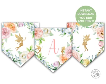 Editable Fairy Party Banner, Printable Floral Fairy Party Decor, Fairy Birthday Party Printables, Fairy Baby Shower Decorations, PDF