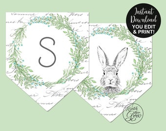 Bunny Party Banner, Editable & Printable Banner, Bunny Party Decor, French Vintage Bunny Birthday Decorations PDF File INSTANT DOWNLOAD