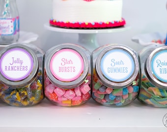 Candy Jar Labels, Sweet Shoppe Party Labels, Editable Printable Sweets Party Circle Tags, Rainbow Candy Party Circle Label INSTANT DOWNLOAD