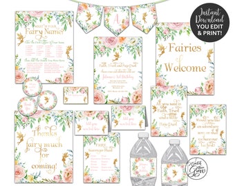 Fairy Party Printables Package, Fairy Birthday Decorations, Fairy Baby Shower Decor, Fairy Party Invitation, Floral Fairy Party Decor, PDF