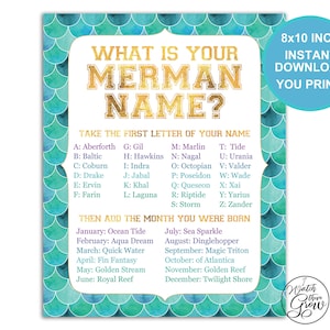 Merman Name Game, Printable &quot;What is Your Merman Name&quot; Sign, Mermaid Party for Boys, Merman Party Sign, Mermaid Game, 8x10 INSTANT DOWNLOAD