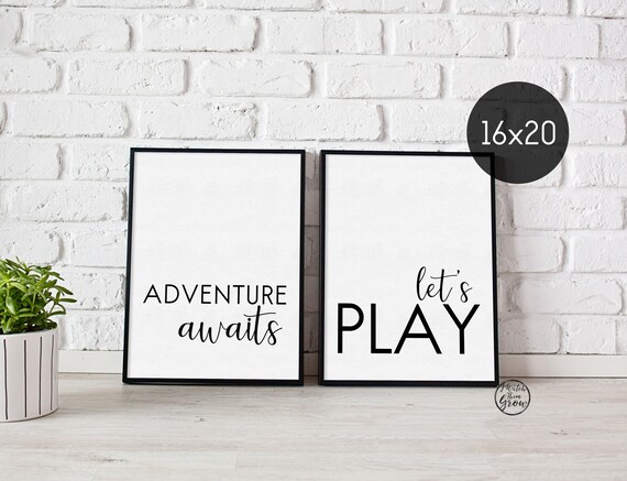 Modern Playroom Wall Art Set of 2, 16x20 Monochrome Kid's Playroom Prints, "Adventure Awaits" and "Let's Play" PDF & Jpg INSTANT DOWNLOAD Il_570xn