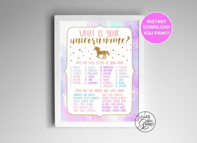 Unicorn Name Game, Unicorn Party Game, Printable What's Your Unicorn Name Birthday Party Poster, 8x10 PDF INSTANT DOWNLOAD image 2