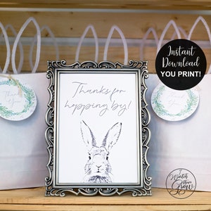 Bunny Party Sign, Printable Thanks for Hopping By Sign, Bunny Party Decor, Easter Bunny Thank You Sign 5x7 8x10 JPG File INSTANT DOWNLOAD image 1