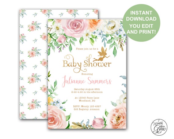 Fairy Baby Shower Invitations, Editable Printable Fairy Baby Shower Invitation, Pixie Invites, Baby Faerie Invitation PDF INSTANT DOWNLOAD Il_570xn