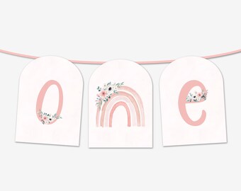 One Pink Floral Rainbow First Birthday Banner, Printable ONE High Chair Banner, Pink Rainbow Banner, Girl Boho Birthday Decorations, PDF