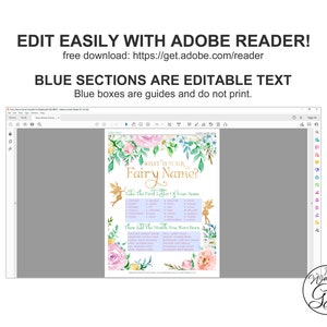 May include: A printable fairy name game with a watercolor floral design. The game asks you to take the first letter of your name and then add the month you were born to determine your fairy name. The text "What is your Fairy Name?" is at the top of the page.