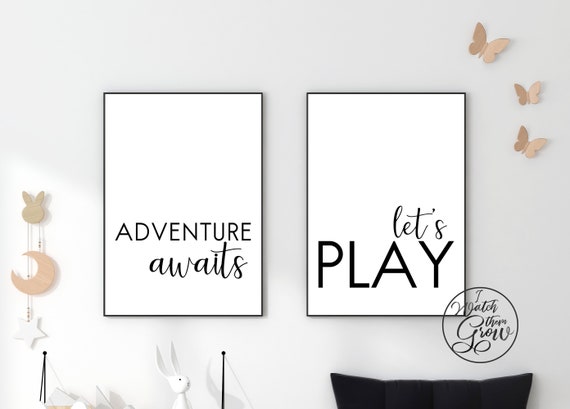 Modern Playroom Wall Art Set of 2, 18x24 Large Monochrome Kid's Playroom Prints, "Adventure Awaits" and "Let's Play" INSTANT DOWNLOAD Il_570xn