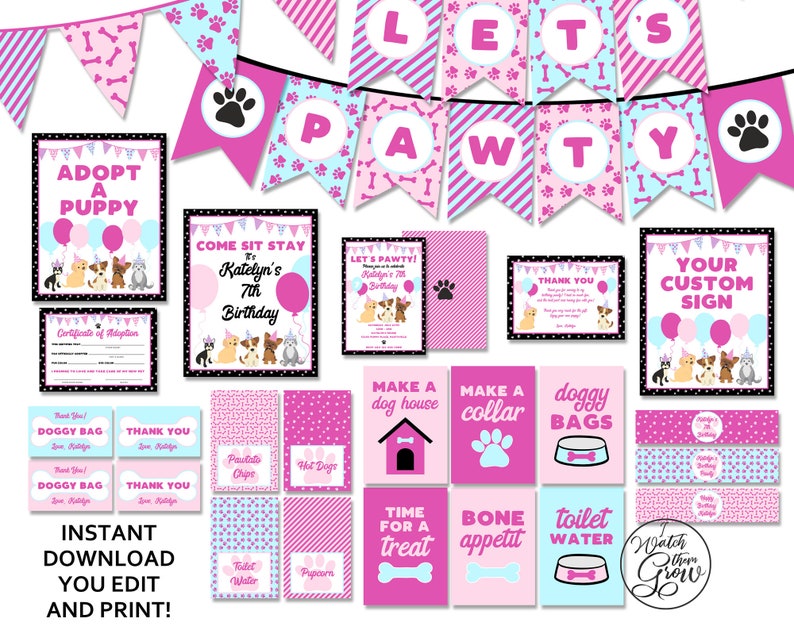 Puppy Party Decorations, Printable Puppy Birthday Decorations Package, Adopt a Puppy Party Decor Invitation, Lets Paw-ty INSTANT DOWNLOAD image 1