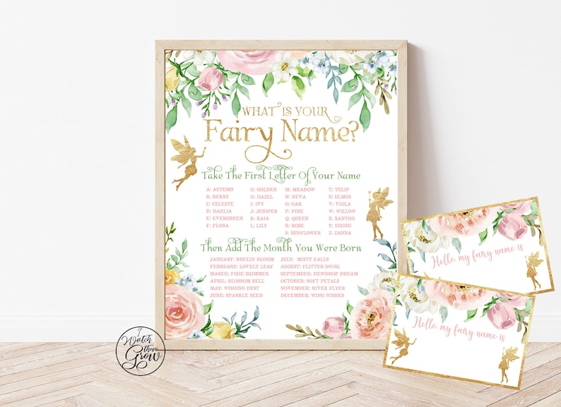 What is Your Fairy Name poster in a light wood frame, with matching name tags/stickers. The design has watercolor pastel flowers and greenery with gold foil fairies and a matching gold foil heading. Sub-headings are green and the name text is pink.