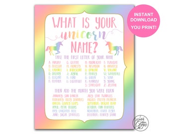 Rainbow Unicorn Name Party Game, Printable "What's Your Unicorn Name" Game, Pastel Rainbow Unicorn Birthday Party Sign, PDF INSTANT DOWNLOAD