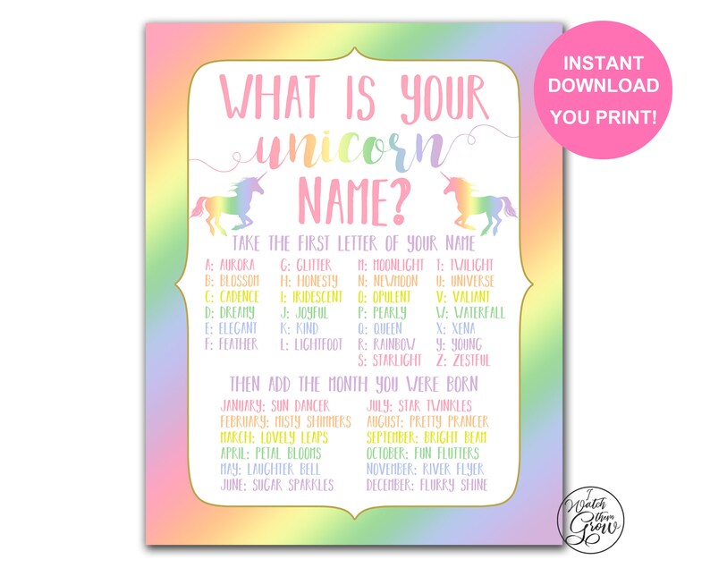 rainbow unicorn name party game printable whats etsy