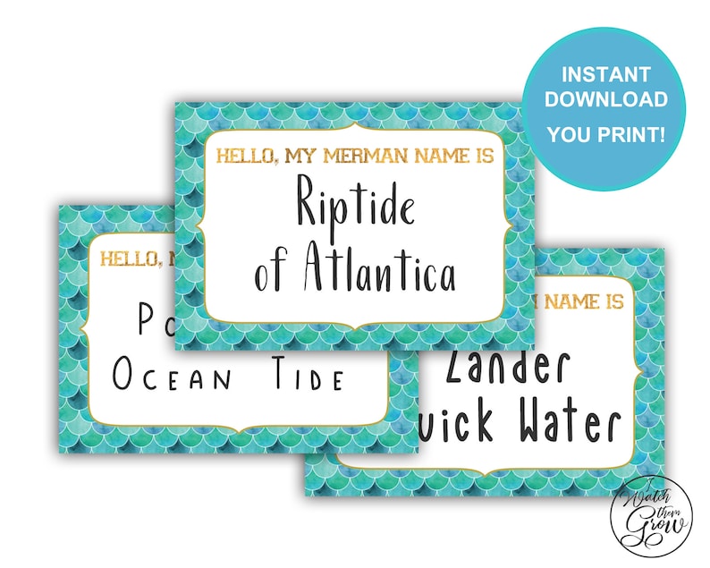 Merman Name Tag, Printable Merman Name Stickers, Merman Name Tags, Merman Birthday Party Game, Merman Baby Shower Game INSTANT DOWNLOAD image 1