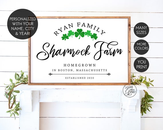 Personalized Shamrock Farm Sign, Printable St Patrick's Day Sign, Custom Family Name Sign, Irish Wall Art, Modern Farmhouse Decor JPG File Il_570xn