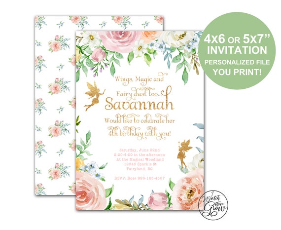 Fairy Party Invitation, Printable Fairy Invitations, Fairy Birthday Invite, Pixie Invites, Faerie Invites, 4x6 or 5x7 inch JPG or PDF Il_570xn