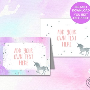 unicorn party tent cards editable printable unicorn birthday etsy