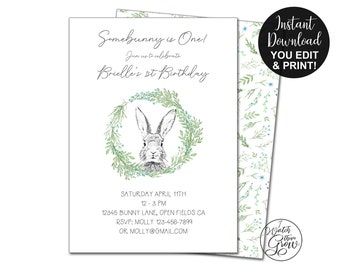 Bunny Party Invitations, Editable & Printable Bunny Invites, Somebunny is One Birthday, Easter Party Invites, 5x7 PDF File INSTANT DOWNLOAD