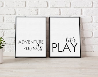 Modern Playroom Wall Art Set of 2, 16x20 Monochrome Kid's Playroom Prints, "Adventure Awaits" and "Let's Play" PDF & Jpg INSTANT DOWNLOAD