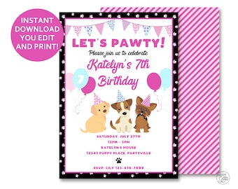 Puppy Party Invitation Girl, Printable Puppy Birthday Invite, Puppy Birthday Invitation, Pink Dog Party Invitations  PDF INSTANT DOWNLOAD
