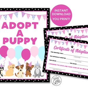 Adopteer een puppyfeestbord, afdrukbaar "Adopteer een puppy"-bord, puppyadoptiecertificaten, meisje puppyhondfeestspelactiviteit INSTANT DOWNLOAD