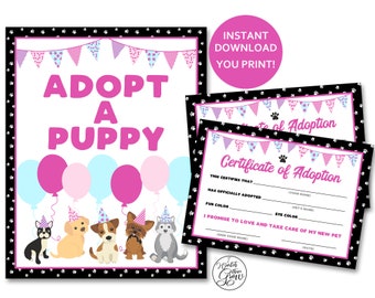 Adopte un letrero de fiesta de cachorros, letrero imprimible "Adopte un cachorro", certificados de adopción de cachorros, actividad de juego de fiesta de cachorros de niñas DESCARGA INSTANTÁNEA