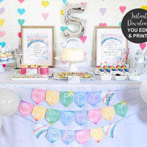 Pastel Rainbow Party Decorations, Printable Editable Rainbow Party Decor, Rainbow Birthday Party Baby Shower Decorations INSTANT DOWNLOAD image 1