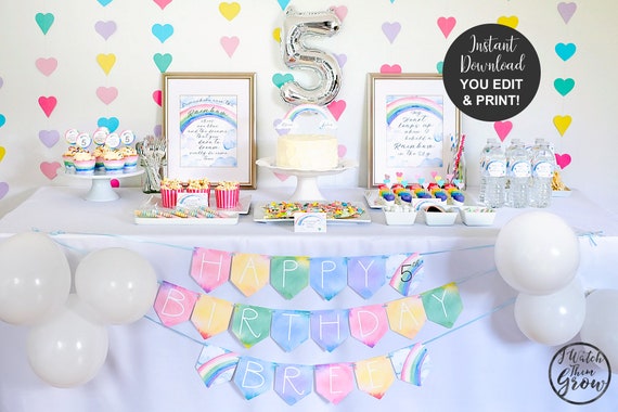 Pastel Rainbow Party Decorations, Printable Editable Rainbow Party Decor,  Rainbow Birthday Party Baby Shower Decorations INSTANT DOWNLOAD 