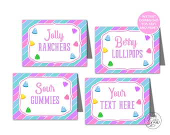 Candy Party Tent Cards, Editable Printable Sweet Shoppe Birthday Place Cards, Candy Buffet Labels, Candy Party Decorations, INSTANT DOWNLOAD