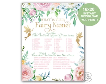 Fairy Name Game Poster 16x20, Fairy Party Game, Printable "What Is Your Fairy Name?" Sign, Pixie Faerie Name Sign 16x20 PDF INSTANT DOWNLOAD