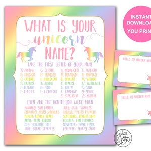 Rainbow Unicorn Name Game & Name Tags, Printable &quot;What&#39;s Your Unicorn Name&quot; Game Set, Pastel Rainbow Unicorn Birthday Party INSTANT DOWNLOAD
