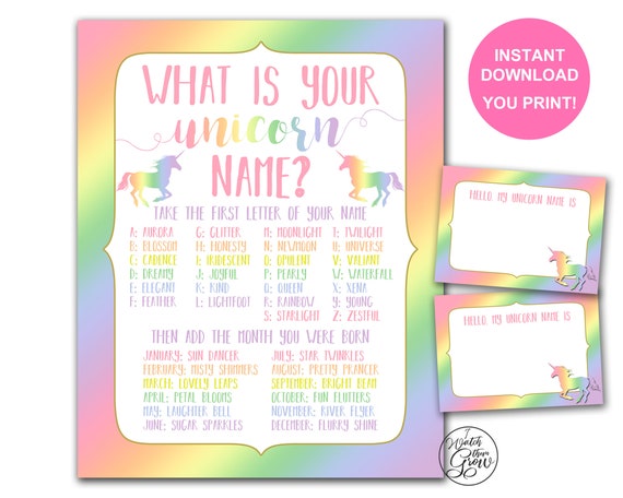 Regenbogen Einhorn Namensspiel & Namensschilder, druckbares Spielset What's  Your Unicorn Name