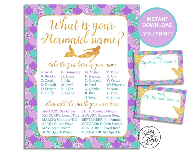mermaid party name game name tags package printable etsy
