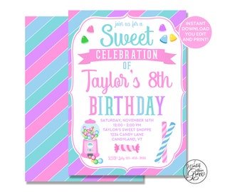 Sweet Shoppe Party Invitation, Editable Printable Candyland Birthday Invite, Sweet Celebration Invitation, Candy Invite PDF INSTANT DOWNLOAD