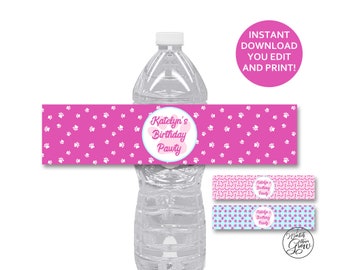 Puppy Party Water Bottle Labels, Editable Printable Puppy Birthday Water Bottle Wrappers, Girl Puppy Dog Party Bottle Wraps INSTANT DOWNLOAD