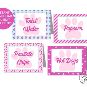 Puppy Party Tent Cards, Food Labels, Editable Printable Puppy Birthday Buffet Cards, Pink Girl Puppy Dog Party Decorations INSTANT DOWNLOAD image 1