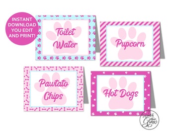 Puppy Party Tent Cards, Food Labels, Editable Printable Puppy Birthday Buffet Cards, Pink Girl Puppy Dog Party Decorations INSTANT DOWNLOAD