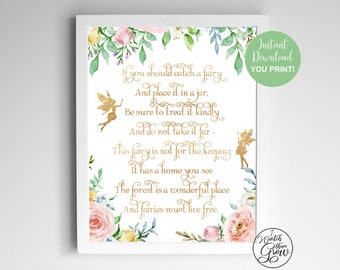 Catch a Fairy Poem, Printable Fairy Party Sign, Floral Fairy Party Decor, Fairy Baby Shower Decorations, Fairy Birthday Party Printables PDF