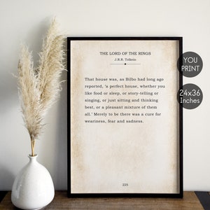 May include: A printable quote from The Lord of the Rings by J.R.R. Tolkien. The quote reads: "That house was, as Bilbo had long ago reported, 'a perfect house, whether you like food or sleep, or story-telling or singing, or just sitting and thinking best, or a pleasant mixture of them all.' Merely to be there was a cure for weariness, fear and sadness."