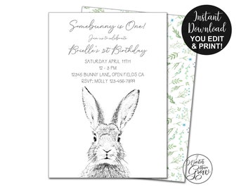 Bunny Party Invitations, Editable & Printable Bunny Invites, Some Bunny Birthday, Easter Party Invites, 5x7 PDF File INSTANT DOWNLOAD