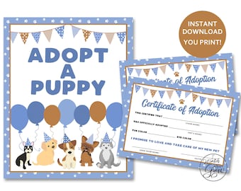 Printable Adopt A Puppy Party Sign and Puppy Adoption Certificates, Blue Puppy Party, Boy Puppy Dog Party Game Activity INSTANT DOWNLOAD PDF