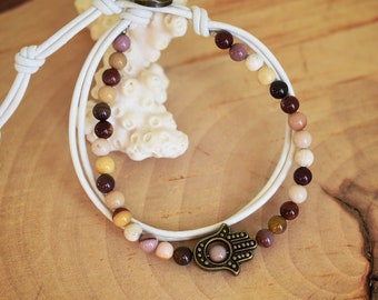 Mookaite gemstone bracelet with brass Hamsa and white leather. Meditation, Spiritual and Protection.