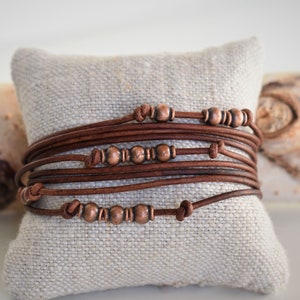 Brown leather wrap bracelet with copper metal beads adjustable. Bohemian jewelry for women. Gift idea.